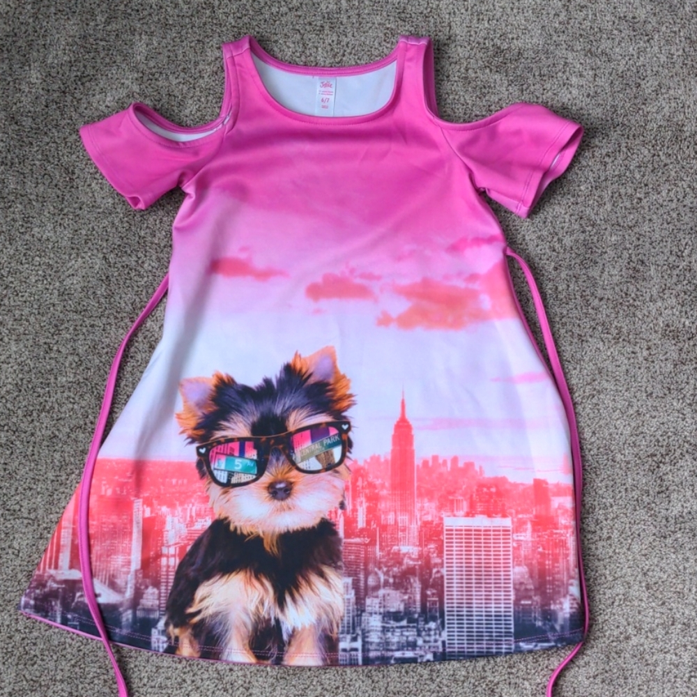 Justice cold shoulder puppy dress, size 6/7